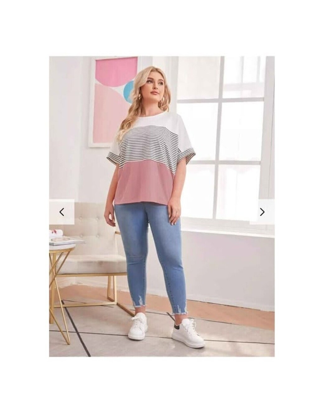 Plus Size Pink White Stripe Colorblock Short Sleeve Tunic Top Women's